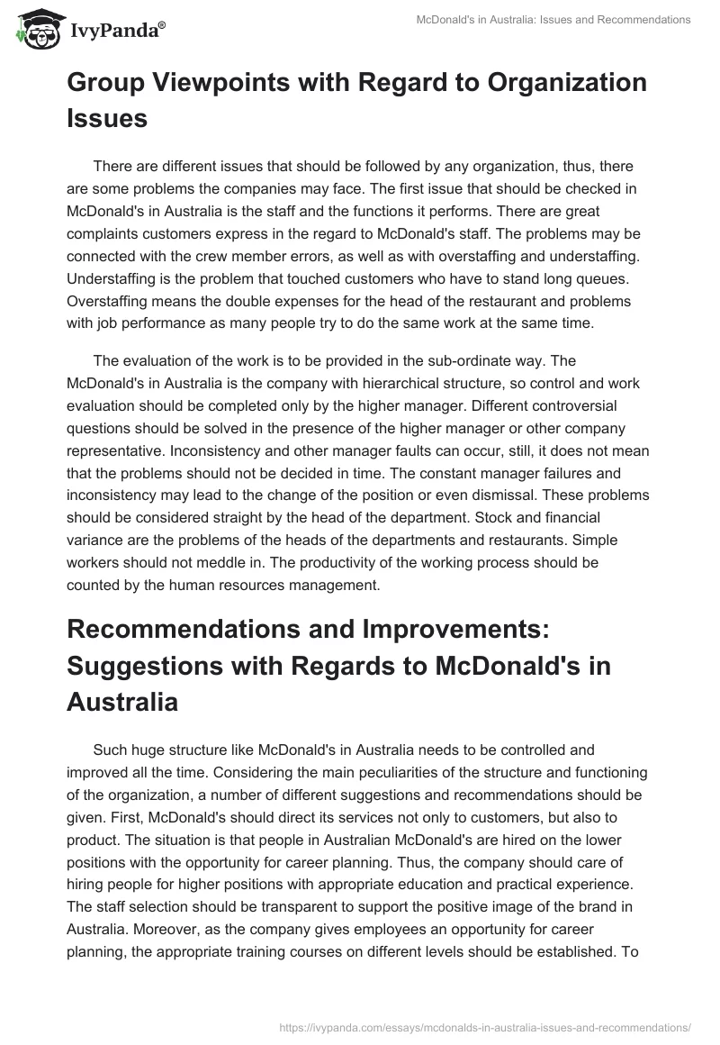 McDonald's in Australia: Issues and Recommendations. Page 2