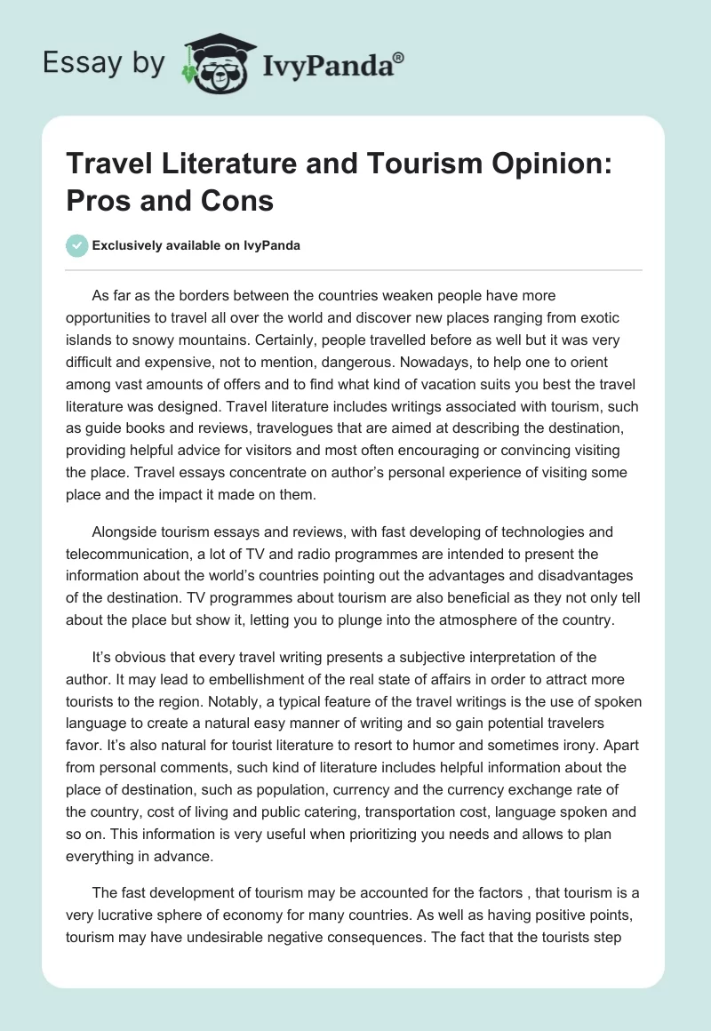 Travel Literature and Tourism Opinion: Pros and Cons. Page 1