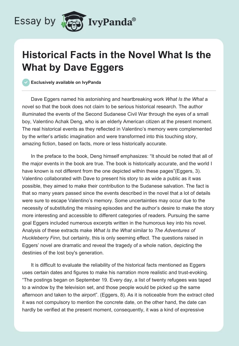 Historical Facts in the Novel What Is the What by Dave Eggers. Page 1