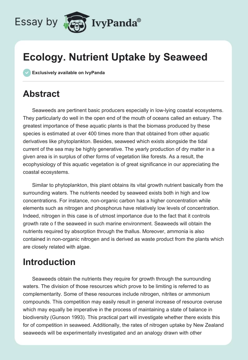 Ecology. Nutrient Uptake by Seaweed. Page 1