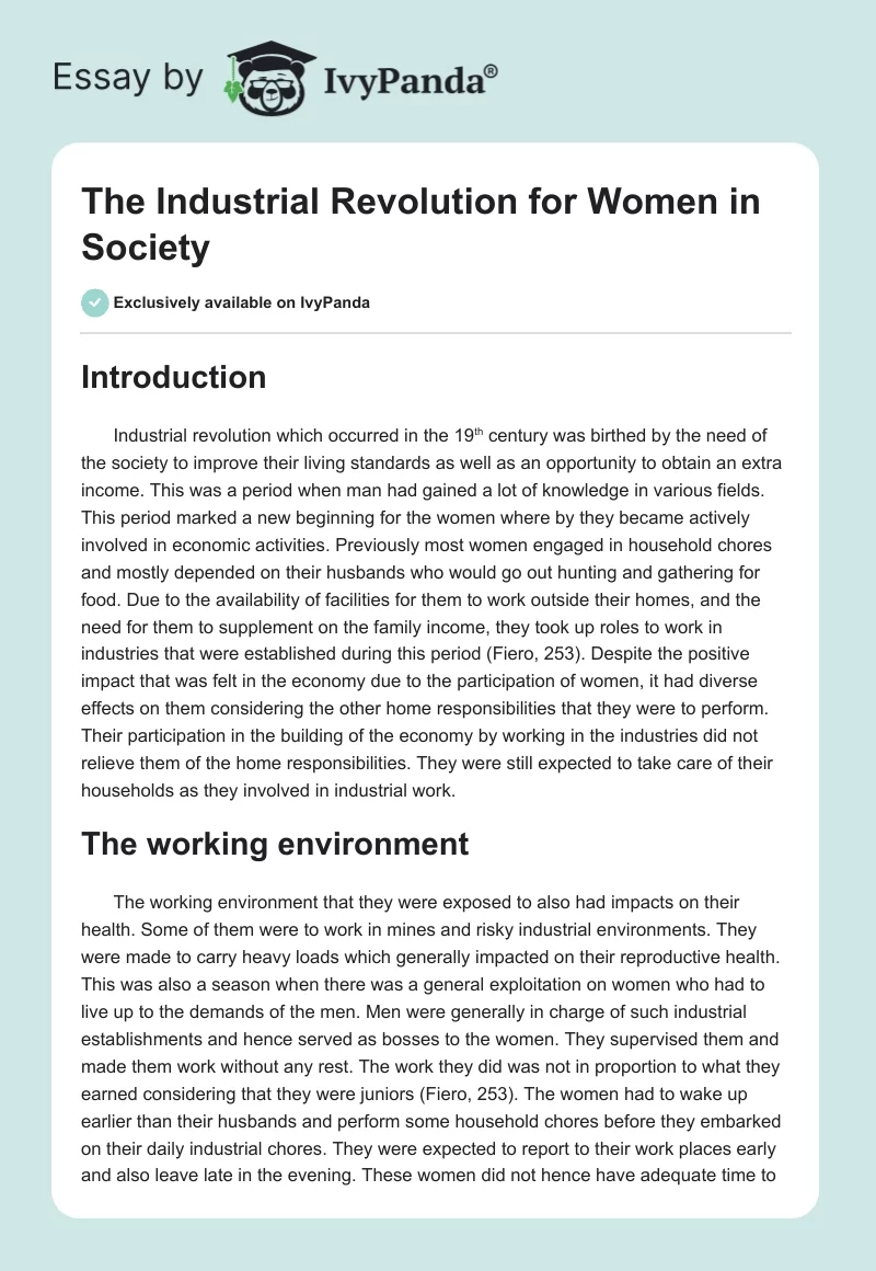 The Industrial Revolution for Women in Society. Page 1