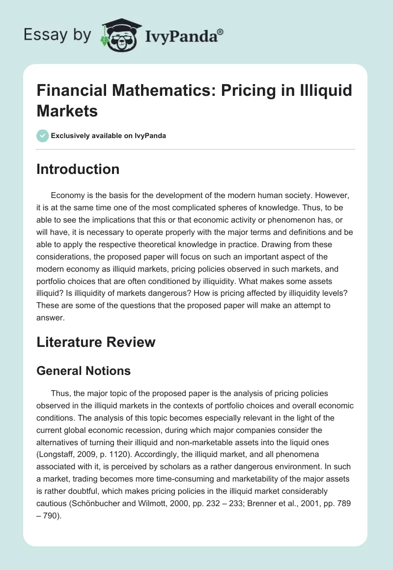 Financial Mathematics: Pricing in Illiquid Markets. Page 1