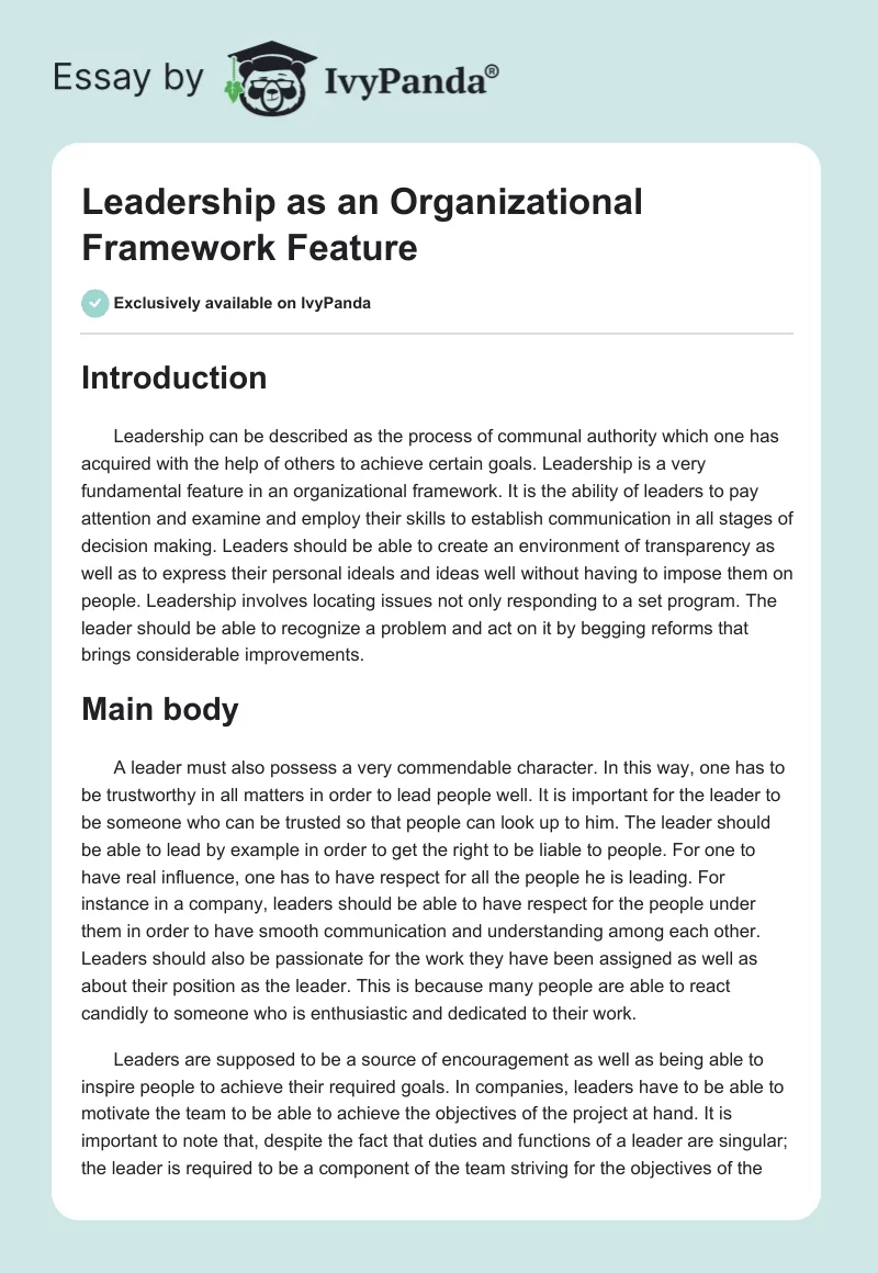 Leadership as an Organizational Framework Feature. Page 1