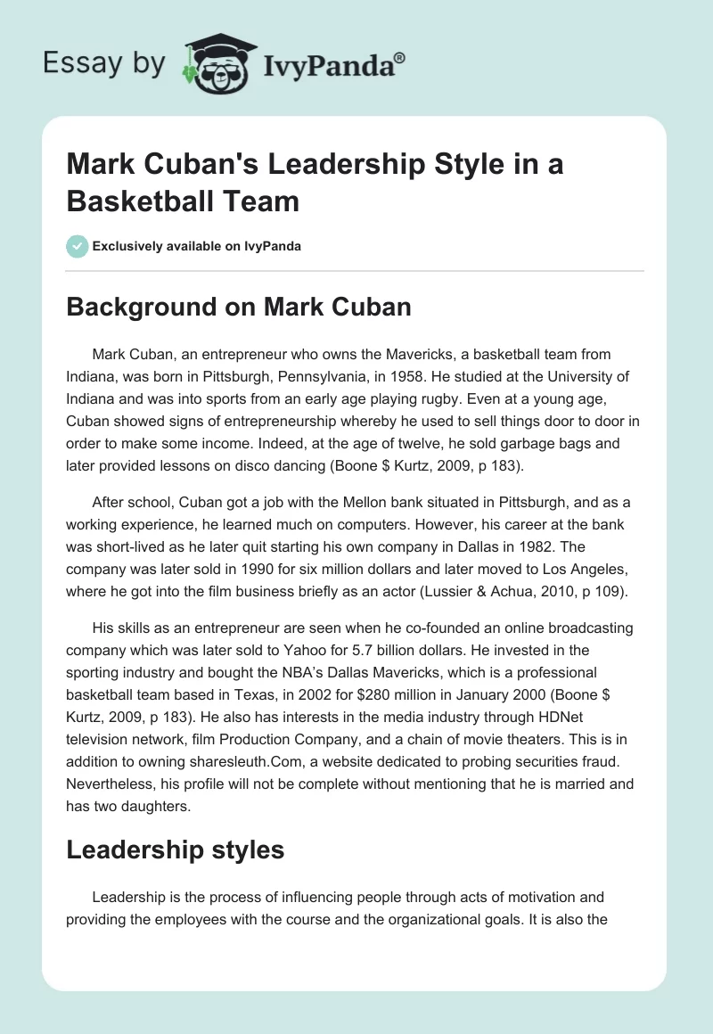 Mark Cuban's Leadership Style in a Basketball Team. Page 1