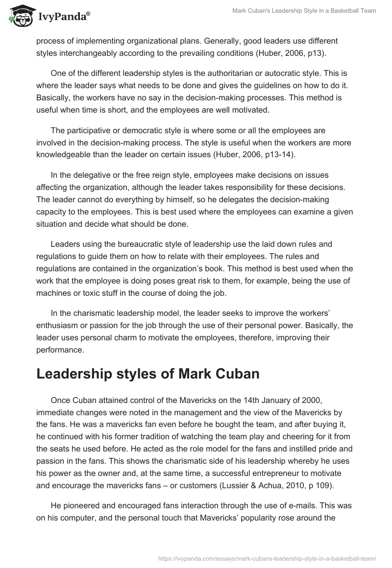 Mark Cuban's Leadership Style in a Basketball Team. Page 2