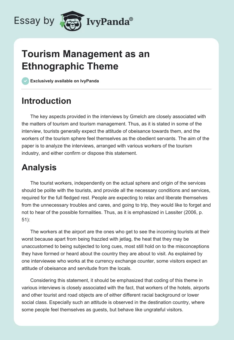 Tourism Management as an Ethnographic Theme. Page 1
