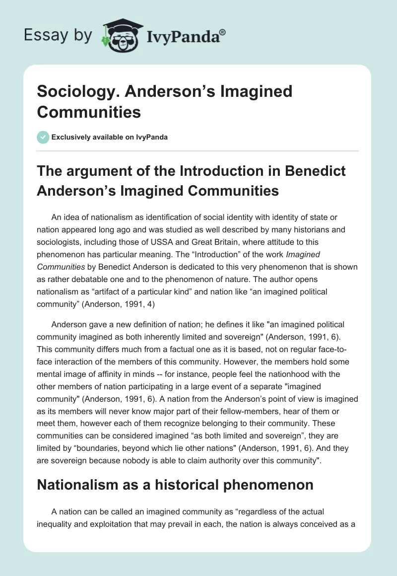 Sociology. Anderson’s Imagined Communities. Page 1
