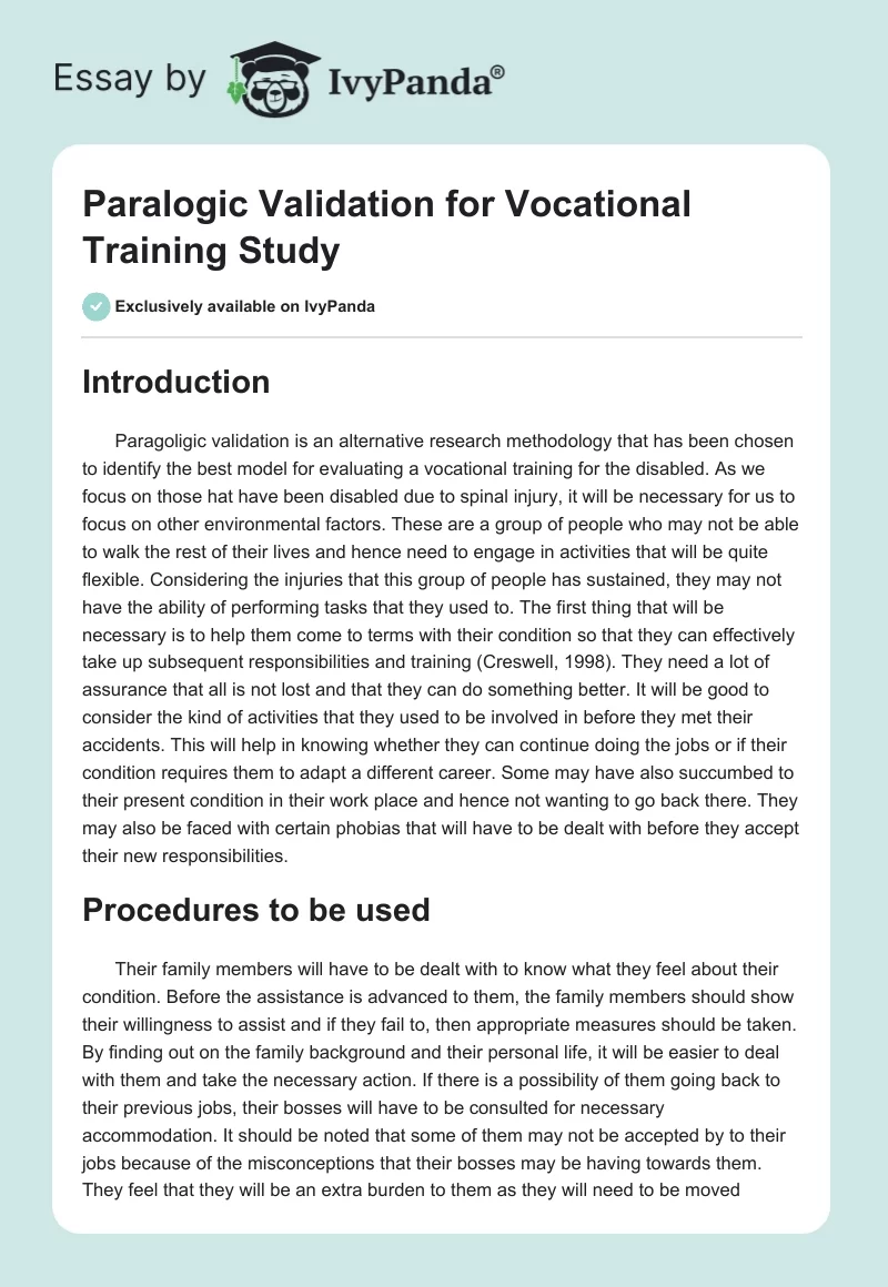 Paralogic Validation for Vocational Training Study. Page 1