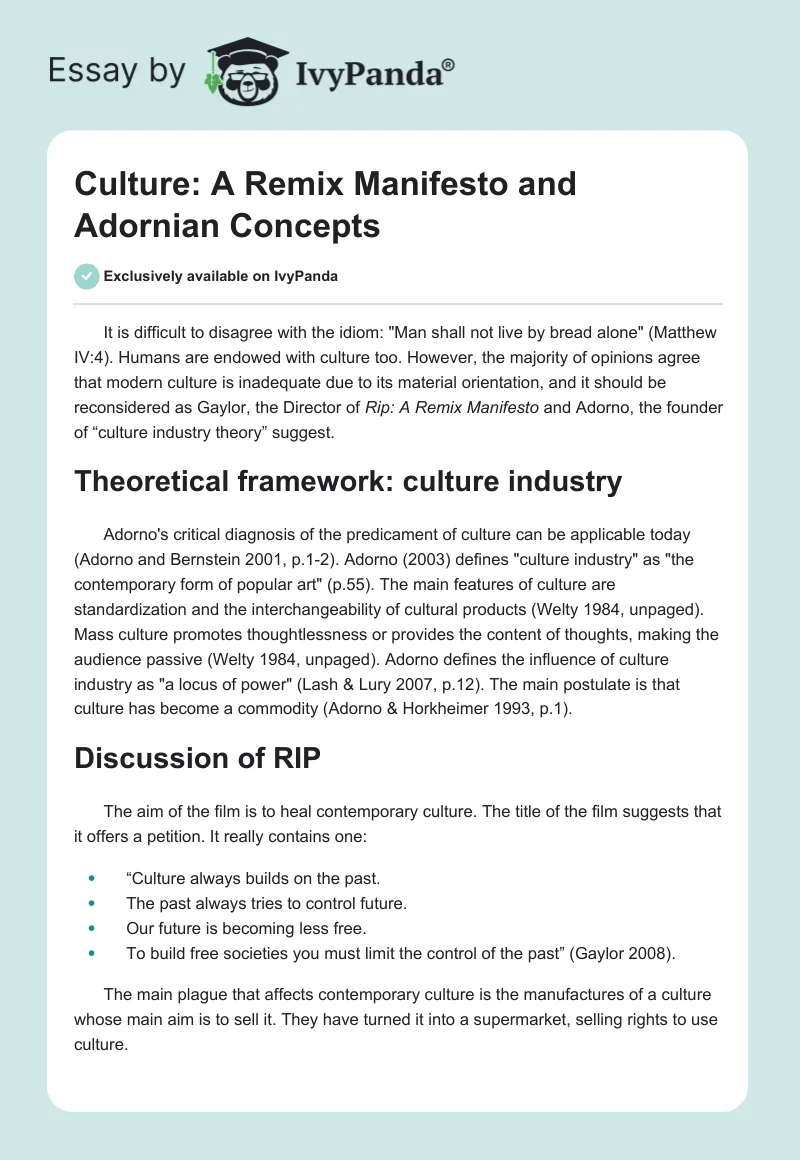 Culture: A Remix Manifesto and Adornian Concepts. Page 1