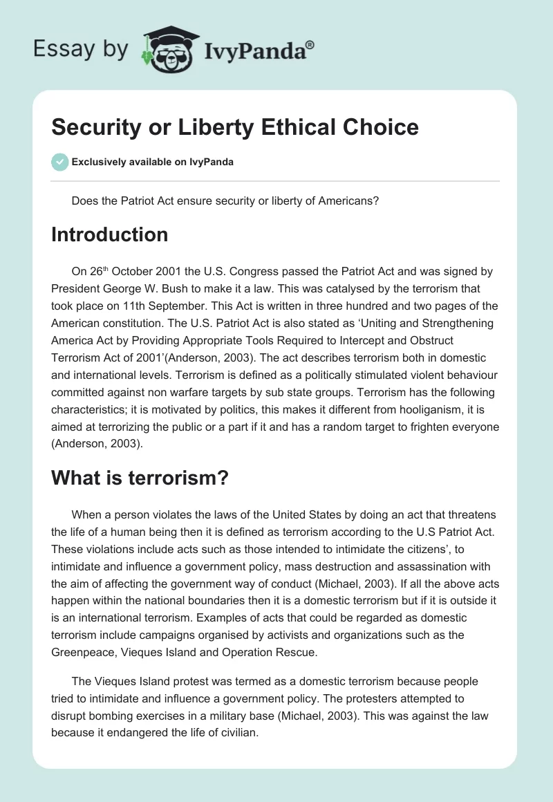 Security or Liberty Ethical Choice. Page 1