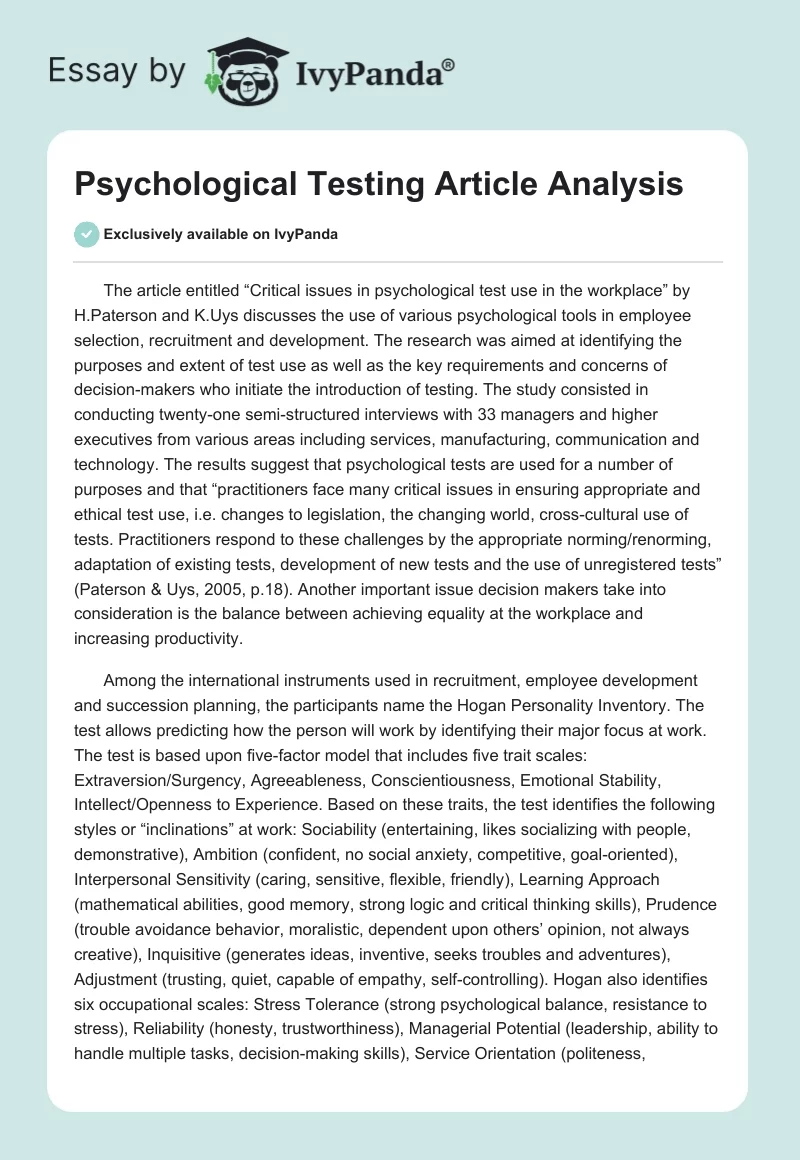 Psychological Testing Article Analysis. Page 1