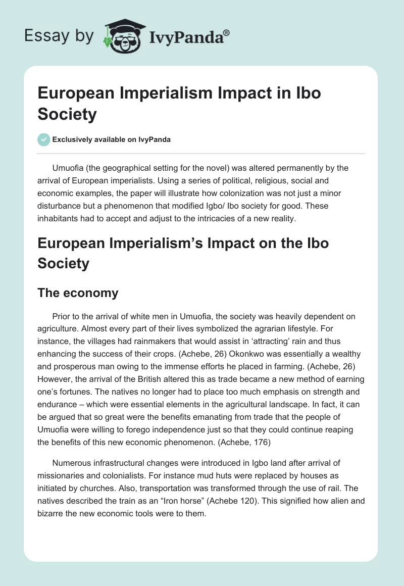 European Imperialism Impact in Ibo Society. Page 1