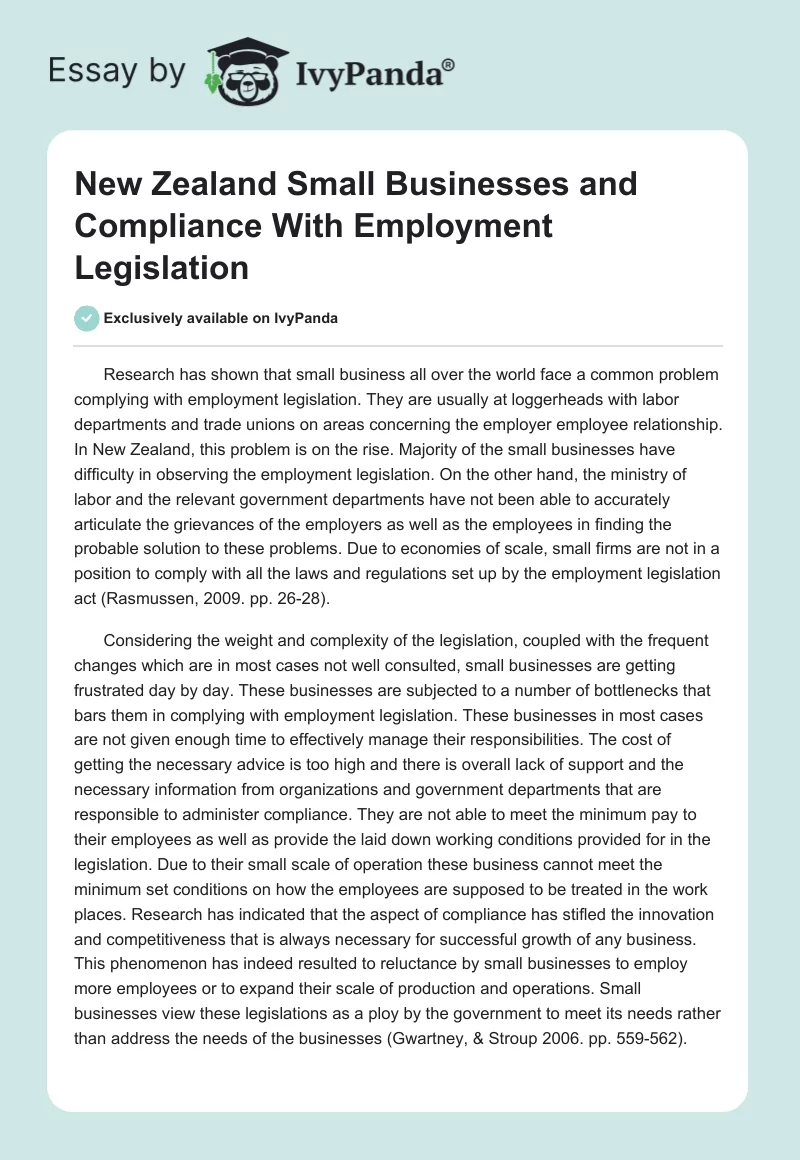 New Zealand Small Businesses and Compliance With Employment Legislation. Page 1