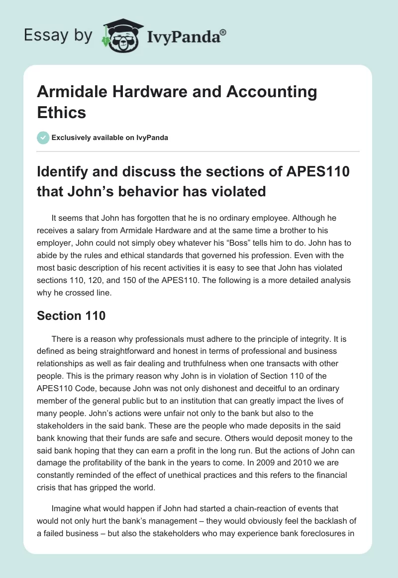 Armidale Hardware and Accounting Ethics. Page 1
