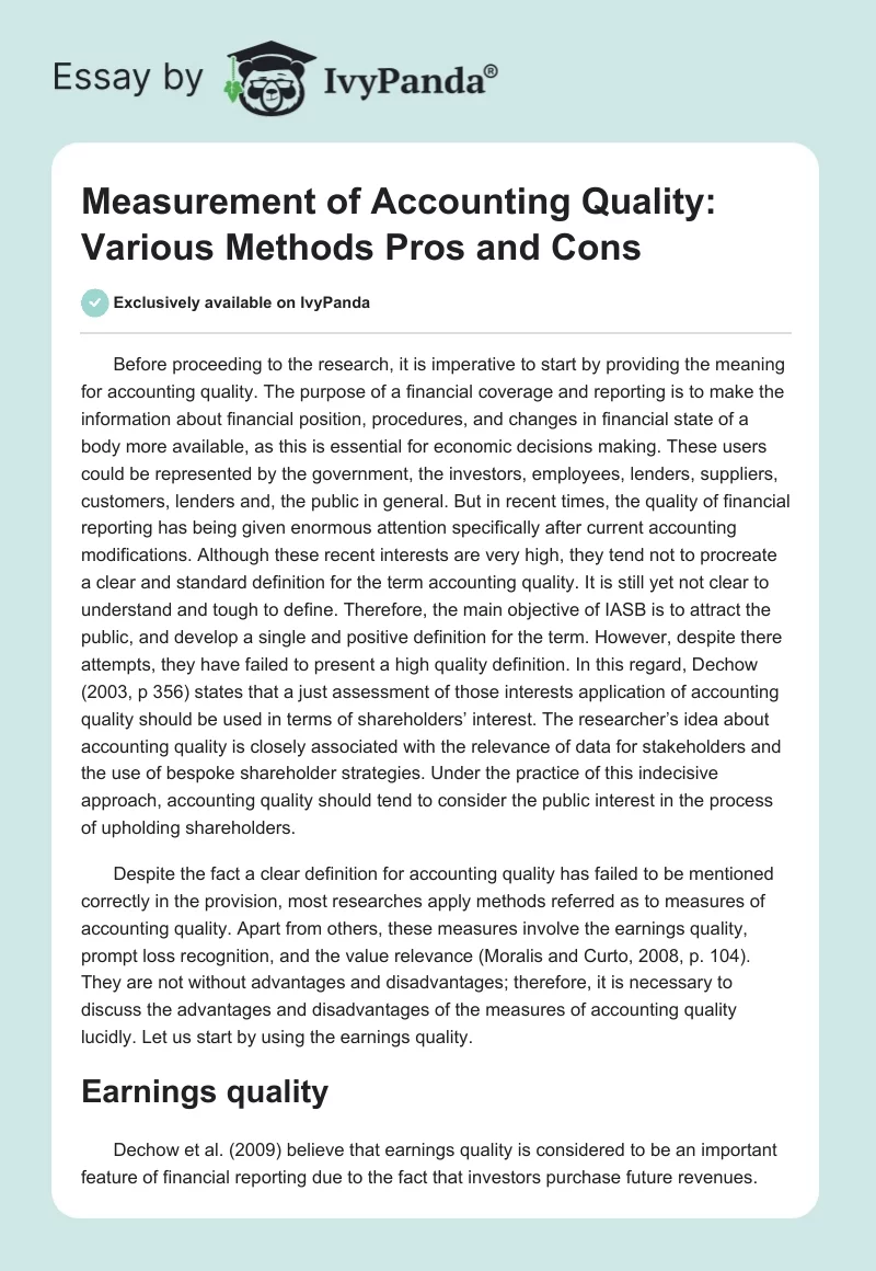 Measurement of Accounting Quality: Various Methods Pros and Cons. Page 1