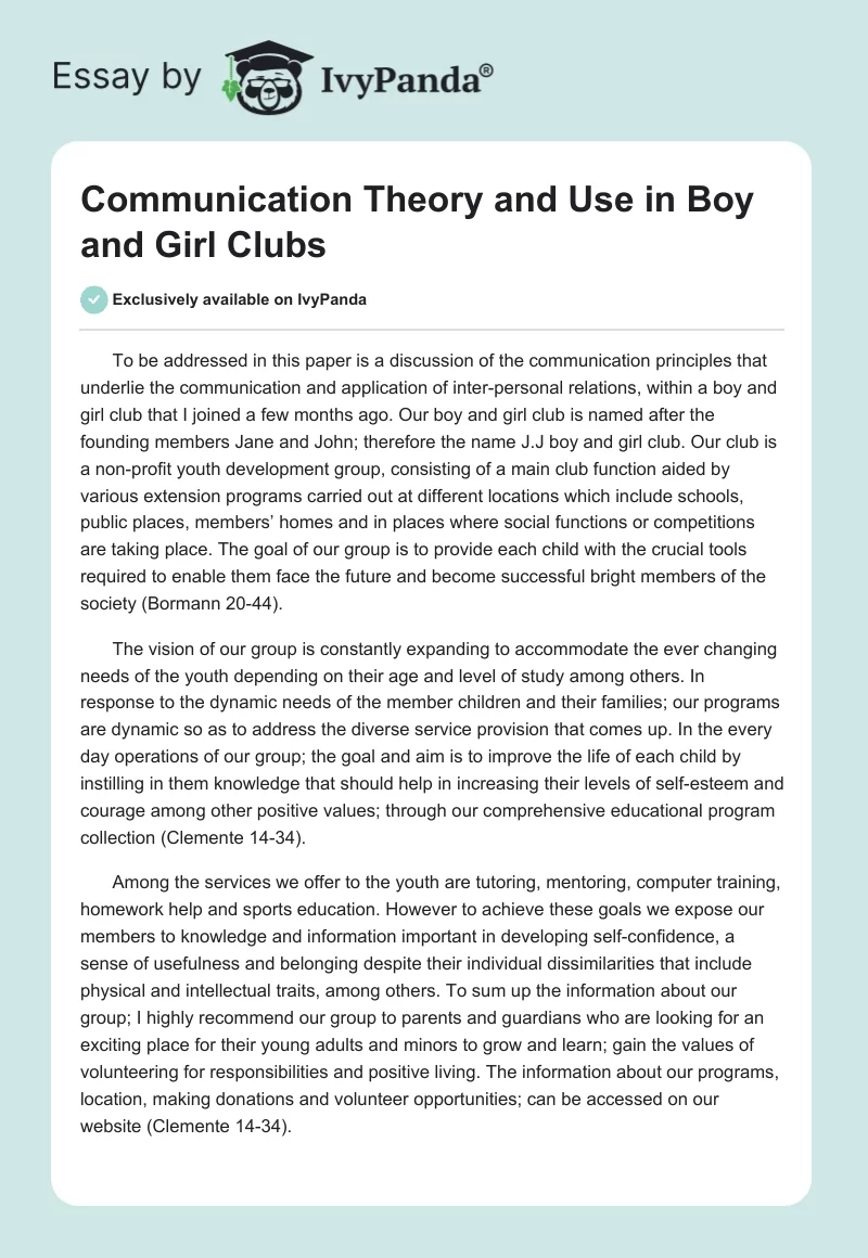 Communication Theory and Use in Boy and Girl Clubs. Page 1