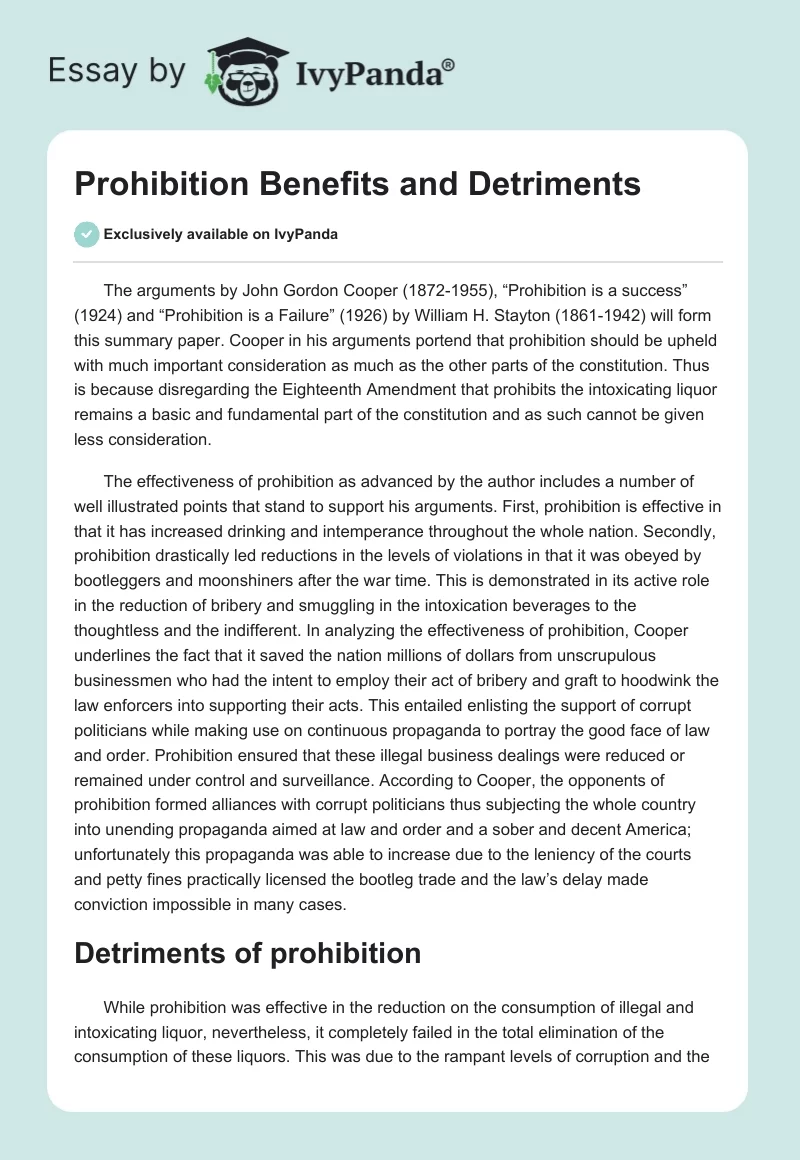 Prohibition Benefits and Detriments. Page 1