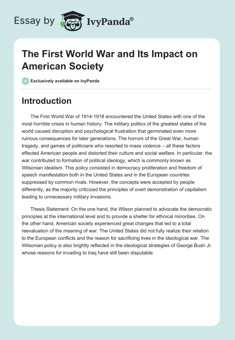 The First World War and Its Impact on American Society. Page 1