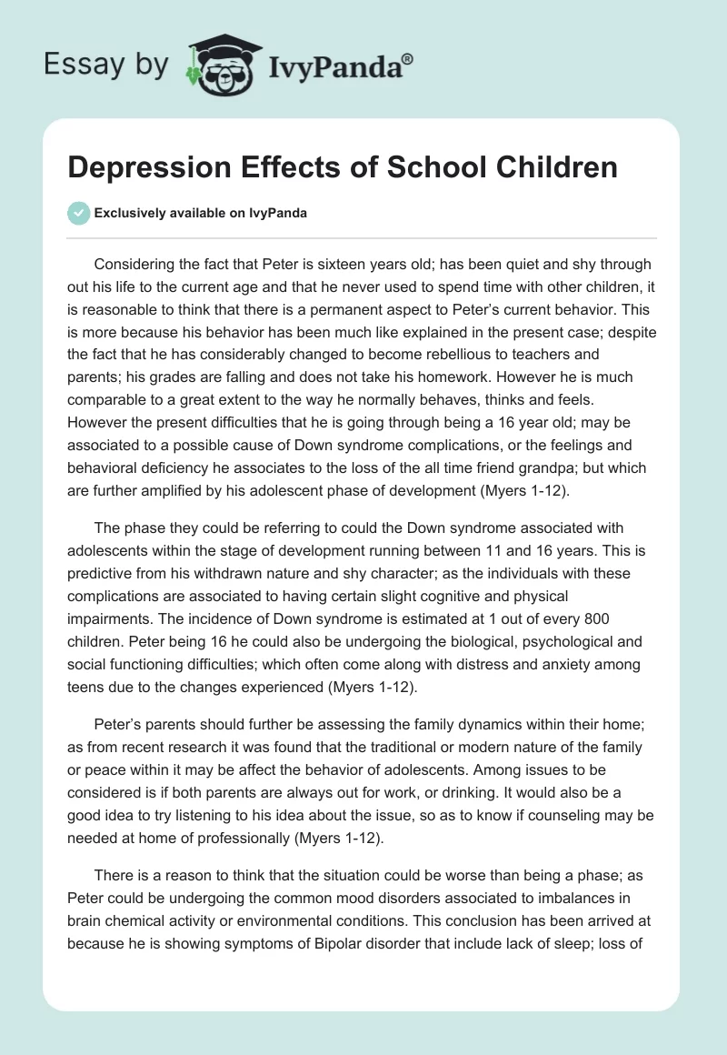 Depression Effects of School Children. Page 1