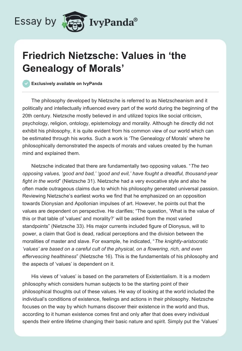 Friedrich Nietzsche: Values in ‘the Genealogy of Morals’. Page 1