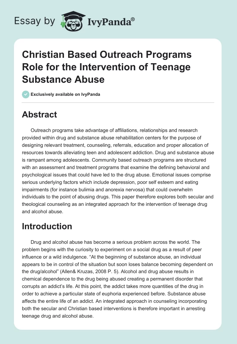 Christian Based Outreach Programs Role for the Intervention of Teenage Substance Abuse. Page 1