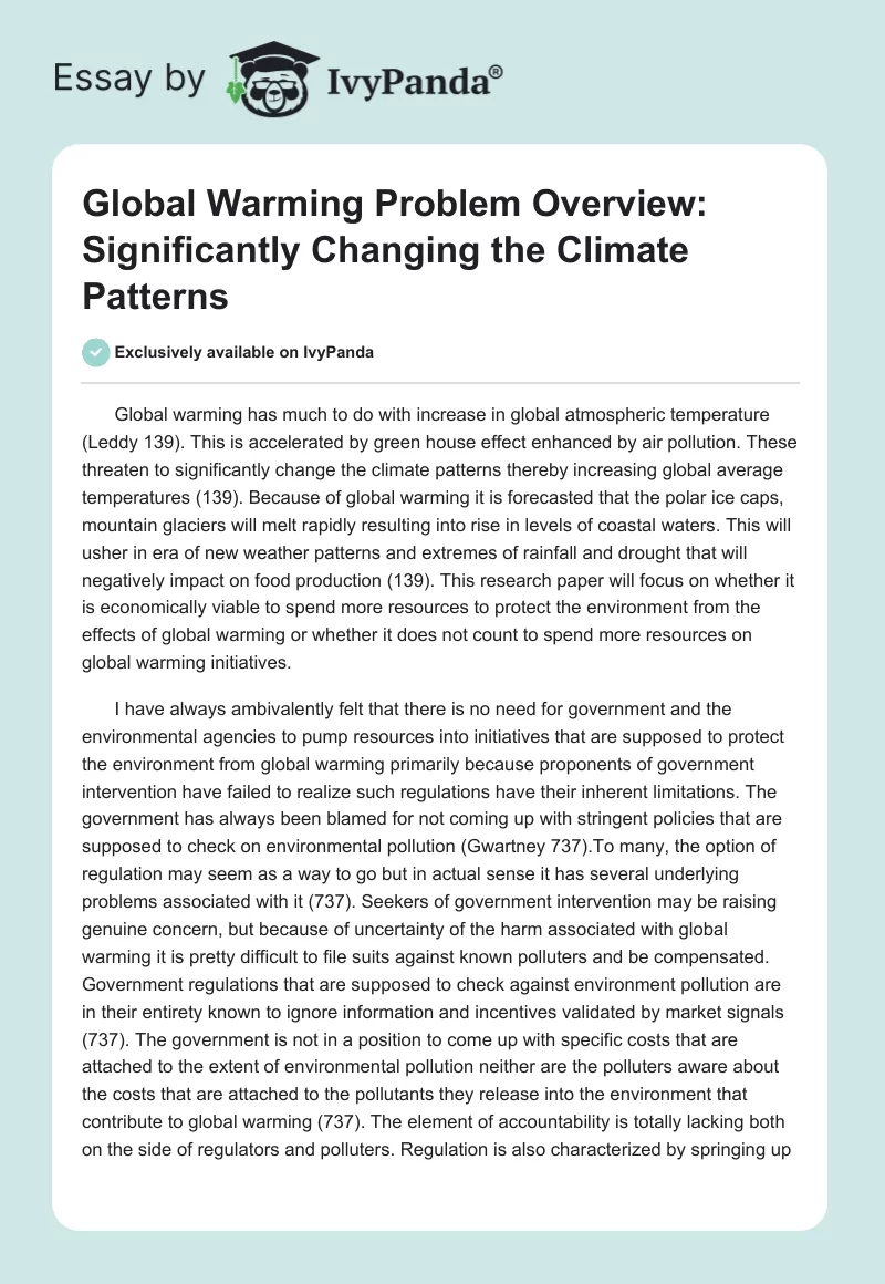 Global Warming Problem Overview: Significantly Changing the Climate Patterns. Page 1
