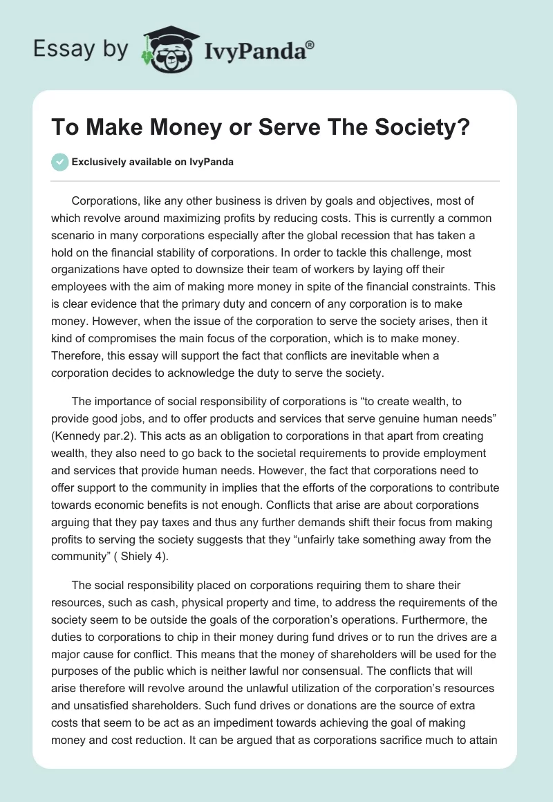 To Make Money or Serve the Society?. Page 1