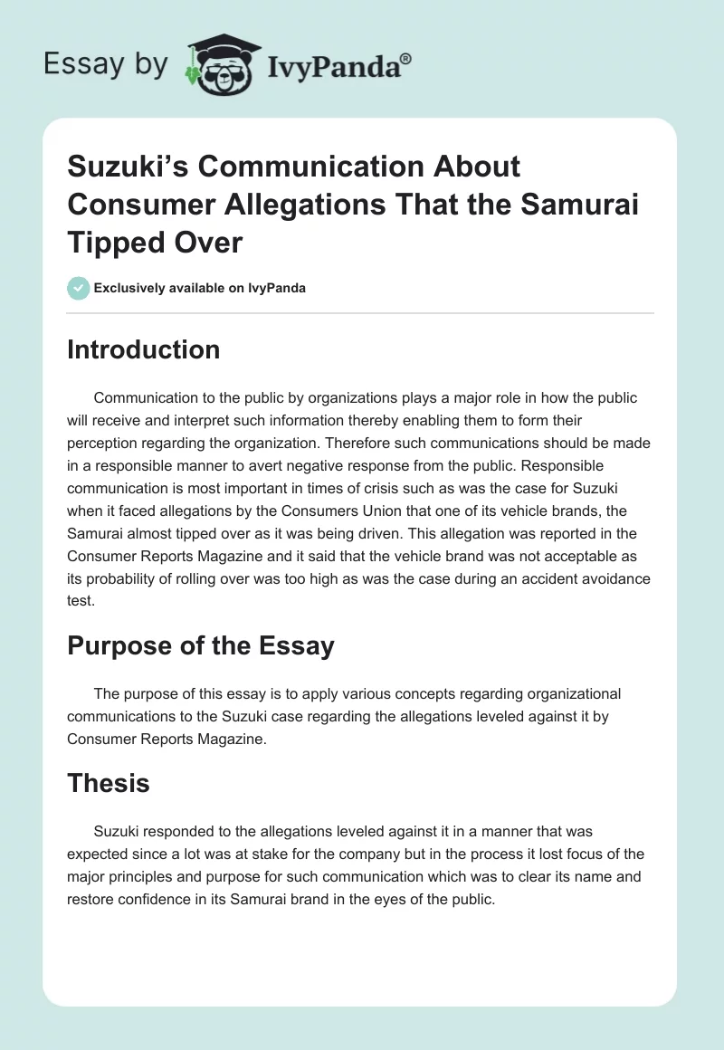 Suzuki’s Communication About Consumer Allegations That the Samurai Tipped Over. Page 1