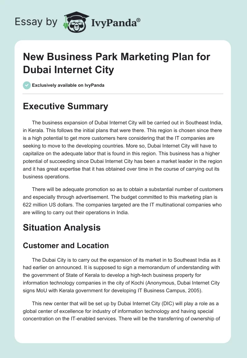New Business Park Marketing Plan for Dubai Internet City. Page 1