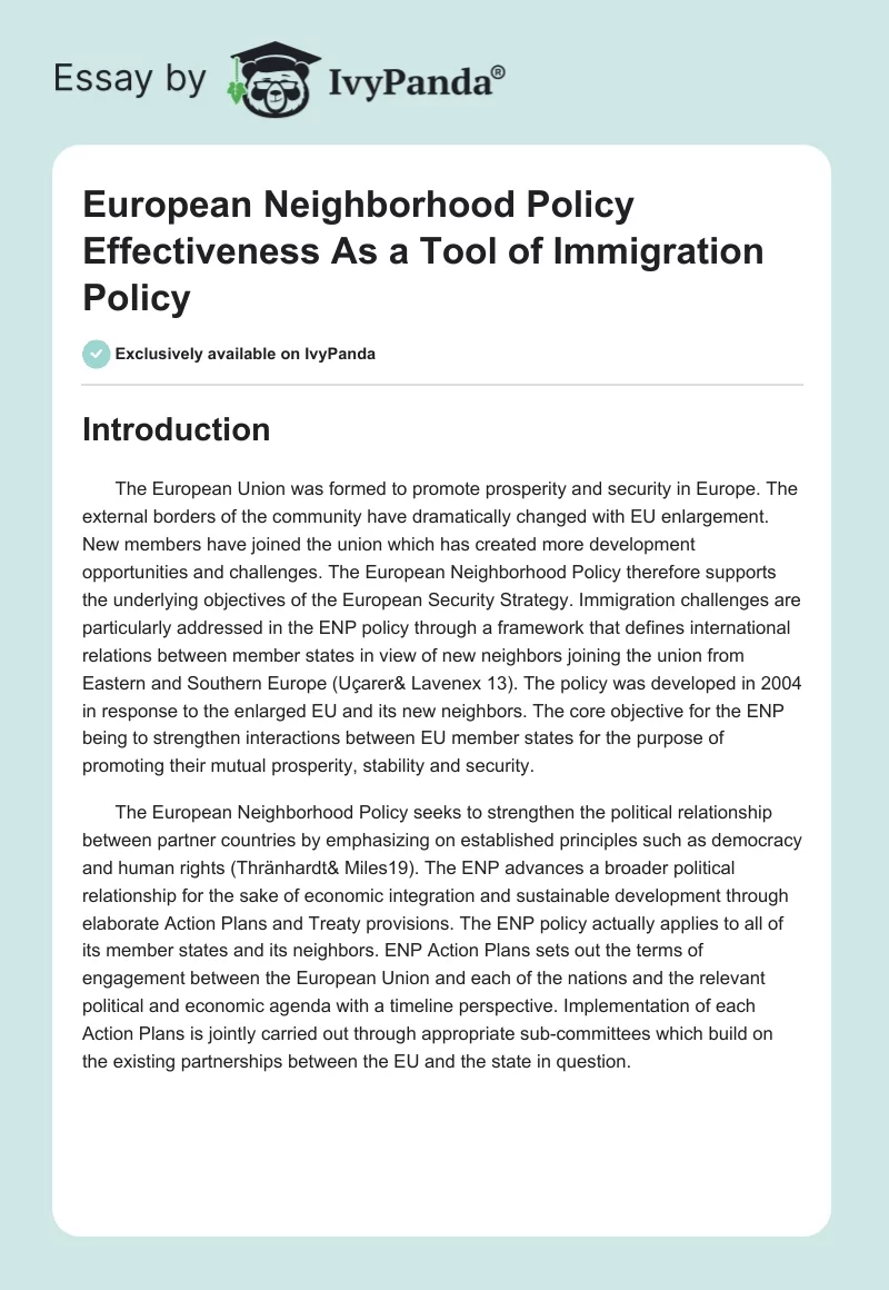 European Neighborhood Policy Effectiveness As a Tool of Immigration Policy. Page 1