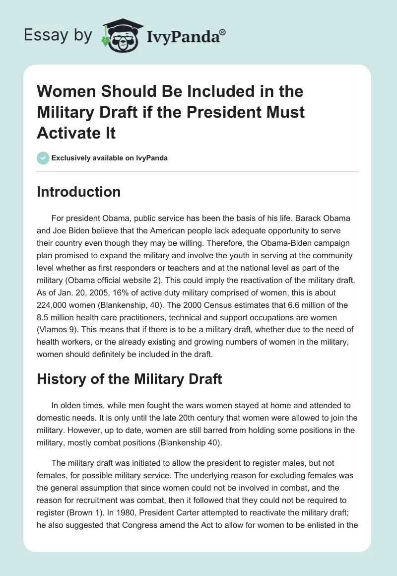 Women Should Be Included in the Military Draft if the President Activates It. Page 1