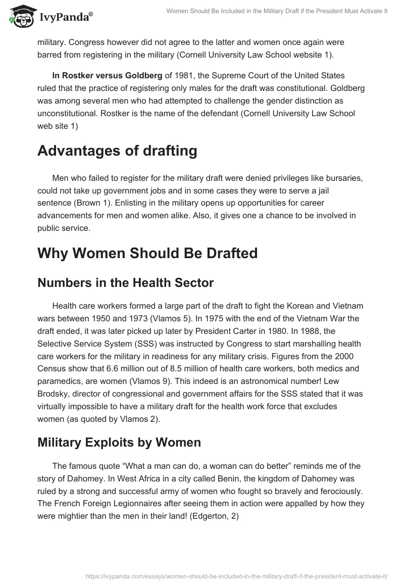 Women Should Be Included in the Military Draft if the President Activates It. Page 2