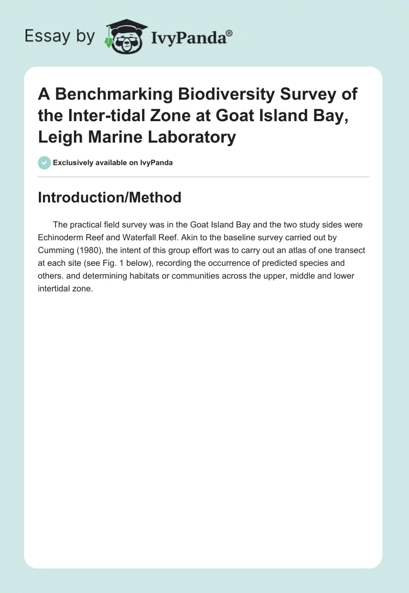 A Benchmarking Biodiversity Survey of the Inter-Tidal Zone at Goat Island Bay, Leigh Marine Laboratory. Page 1
