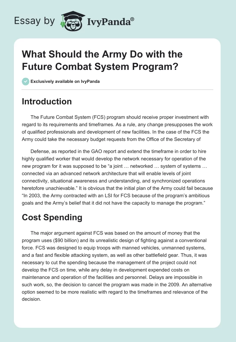 What Should the Army Do With the Future Combat System Program?. Page 1