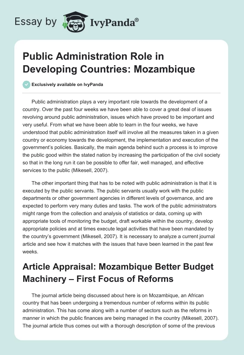 Public Administration Role in Developing Countries: Mozambique. Page 1