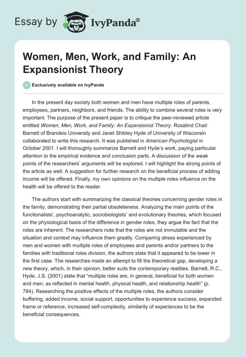 Women, Men, Work, and Family: An Expansionist Theory. Page 1