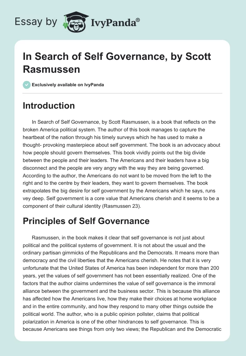 In Search of Self Governance, by Scott Rasmussen. Page 1