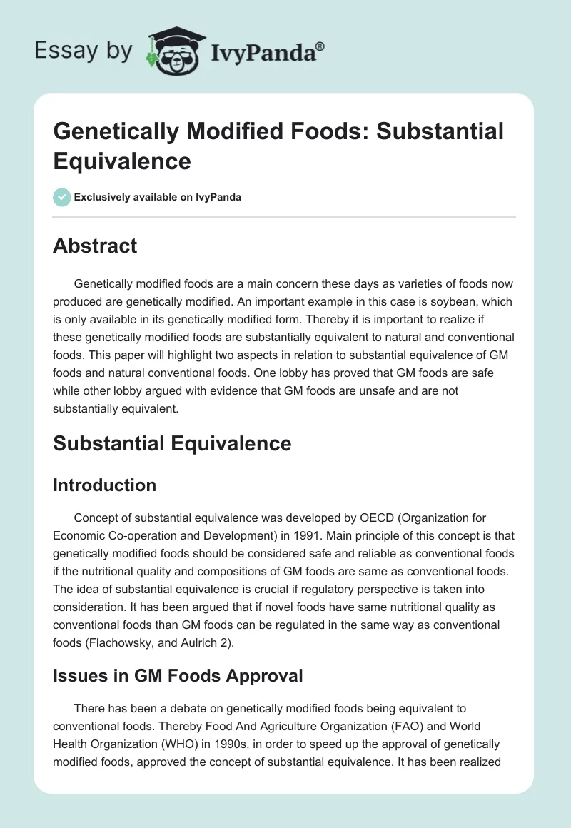 Genetically Modified Foods: Substantial Equivalence. Page 1