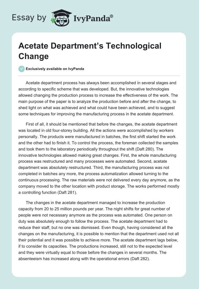 Acetate Department’s Technological Change. Page 1