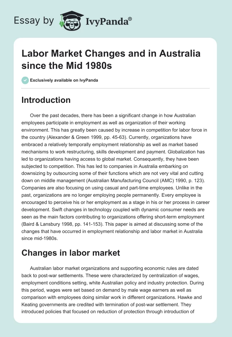 Labor Market Changes and in Australia since the Mid 1980s. Page 1