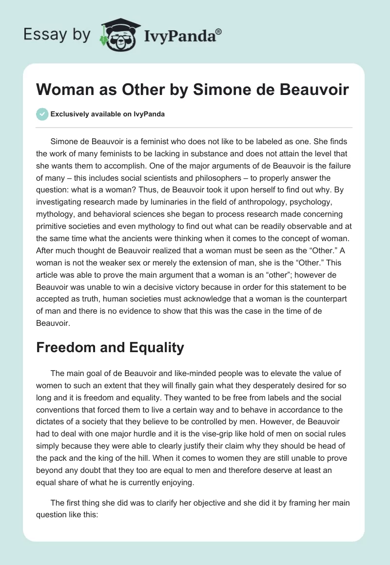 "Woman as Other" by Simone de Beauvoir. Page 1