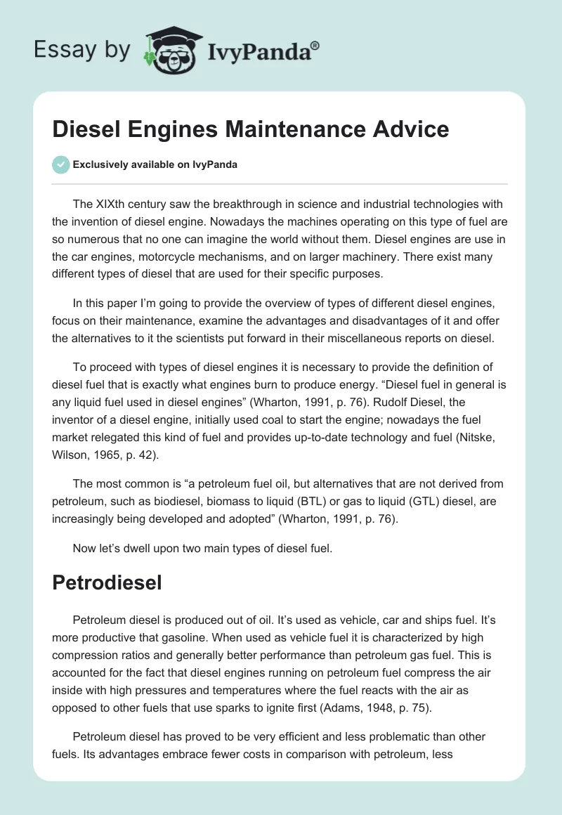 Diesel Engines Maintenance Advice. Page 1