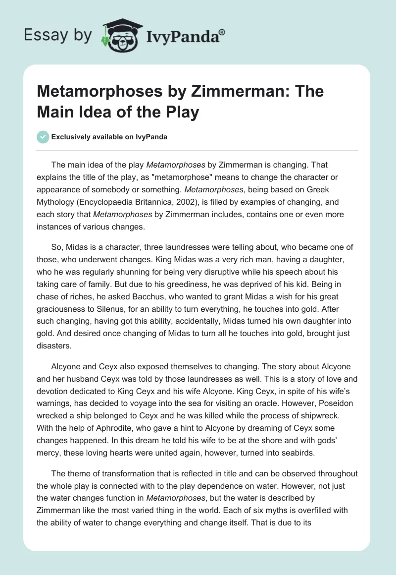 "Metamorphoses" by Zimmerman: The Main Idea of the Play. Page 1