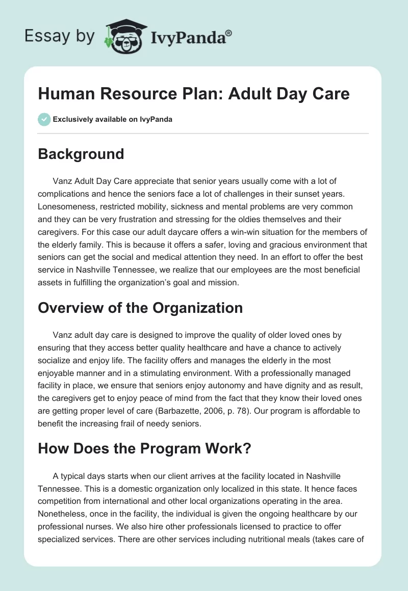Human Resource Plan: Adult Day Care. Page 1