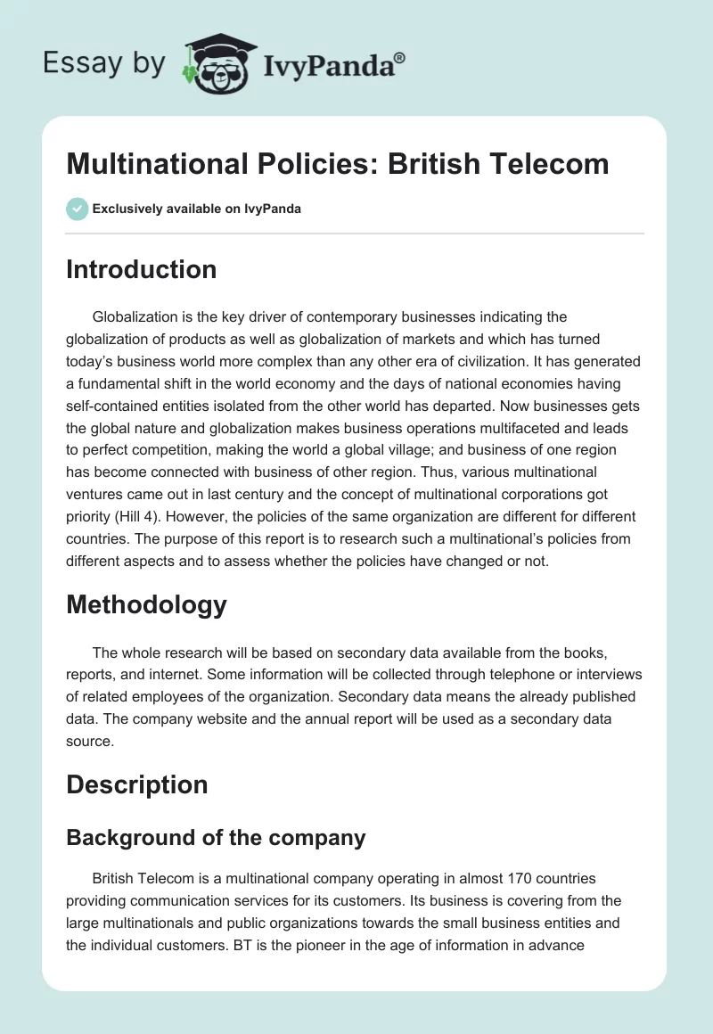 Multinational Policies: British Telecom. Page 1