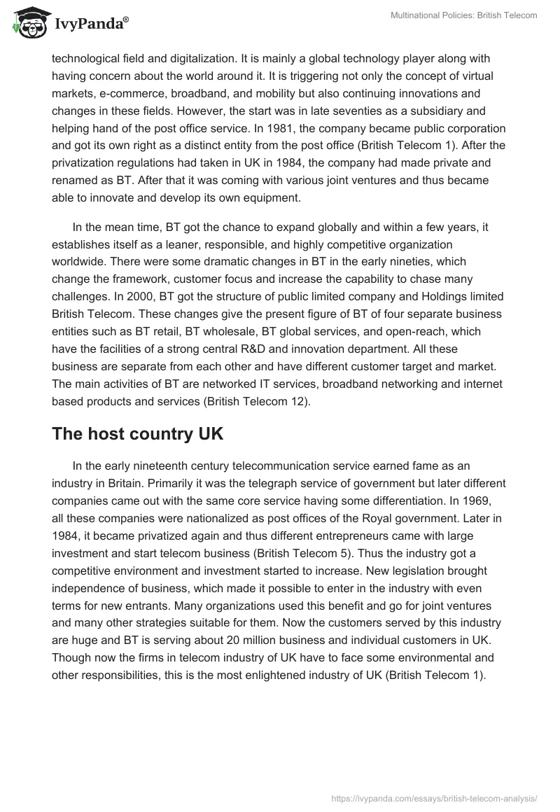 Multinational Policies: British Telecom. Page 2