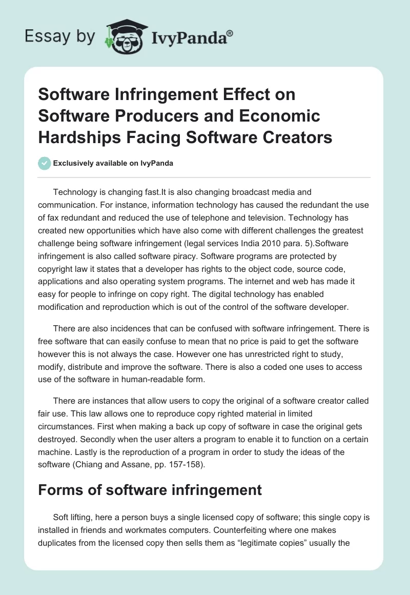 Software Infringement Effect on Software Producers and Economic Hardships Facing Software Creators. Page 1