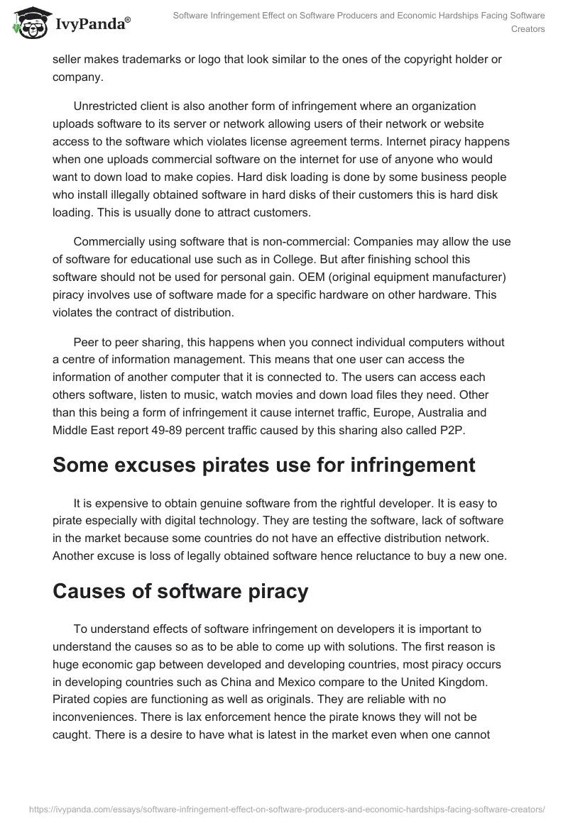 Software Infringement Effect on Software Producers and Economic Hardships Facing Software Creators. Page 2
