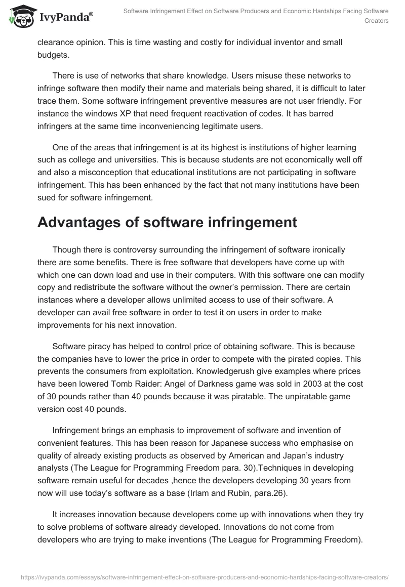 Software Infringement Effect on Software Producers and Economic Hardships Facing Software Creators. Page 5