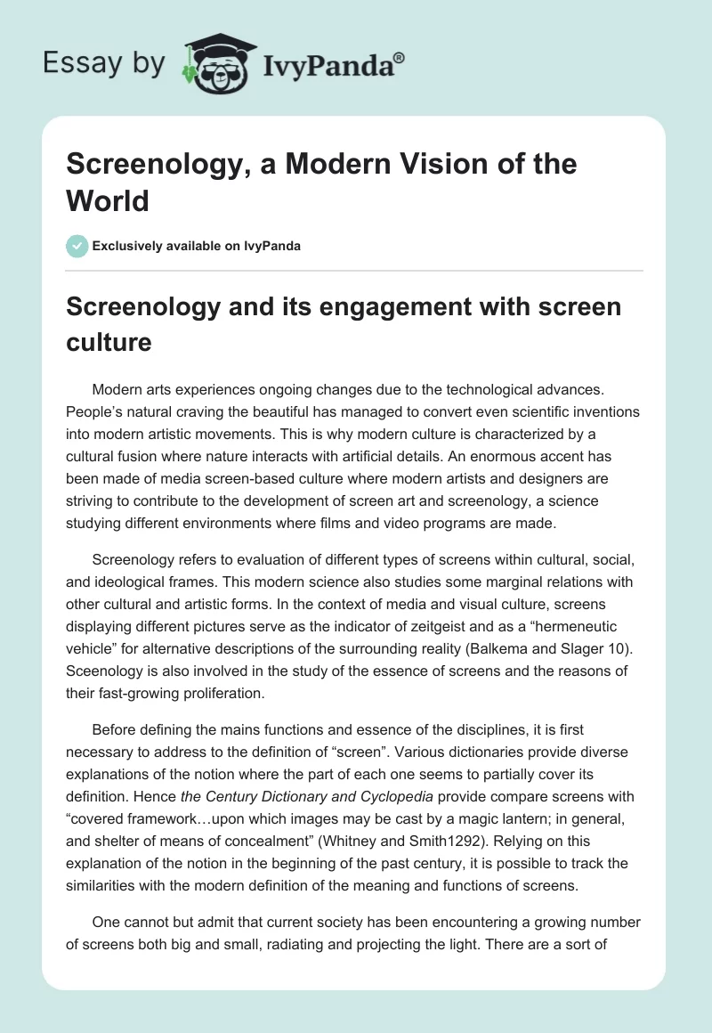 Screenology, a Modern Vision of the World. Page 1